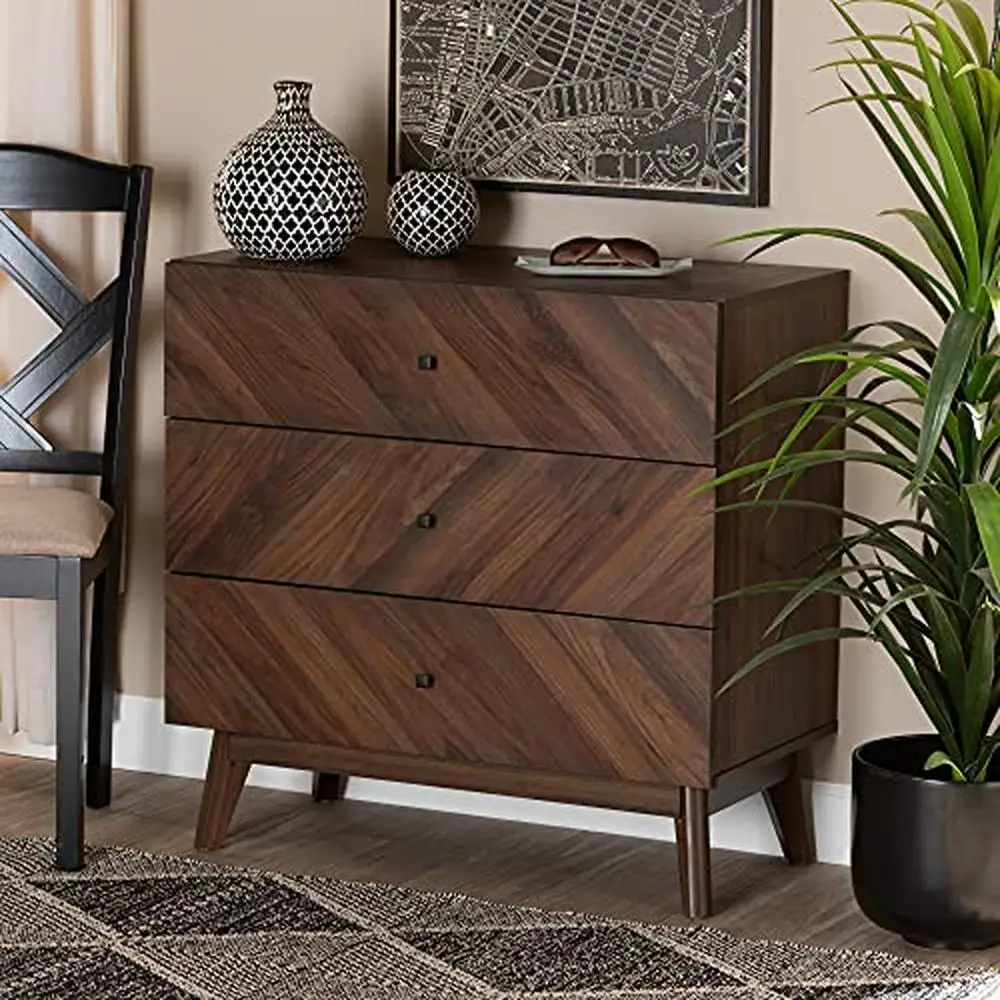 Meados do século moderno Walnut Brown Chest, solução de armazenamento de 3 gavetas