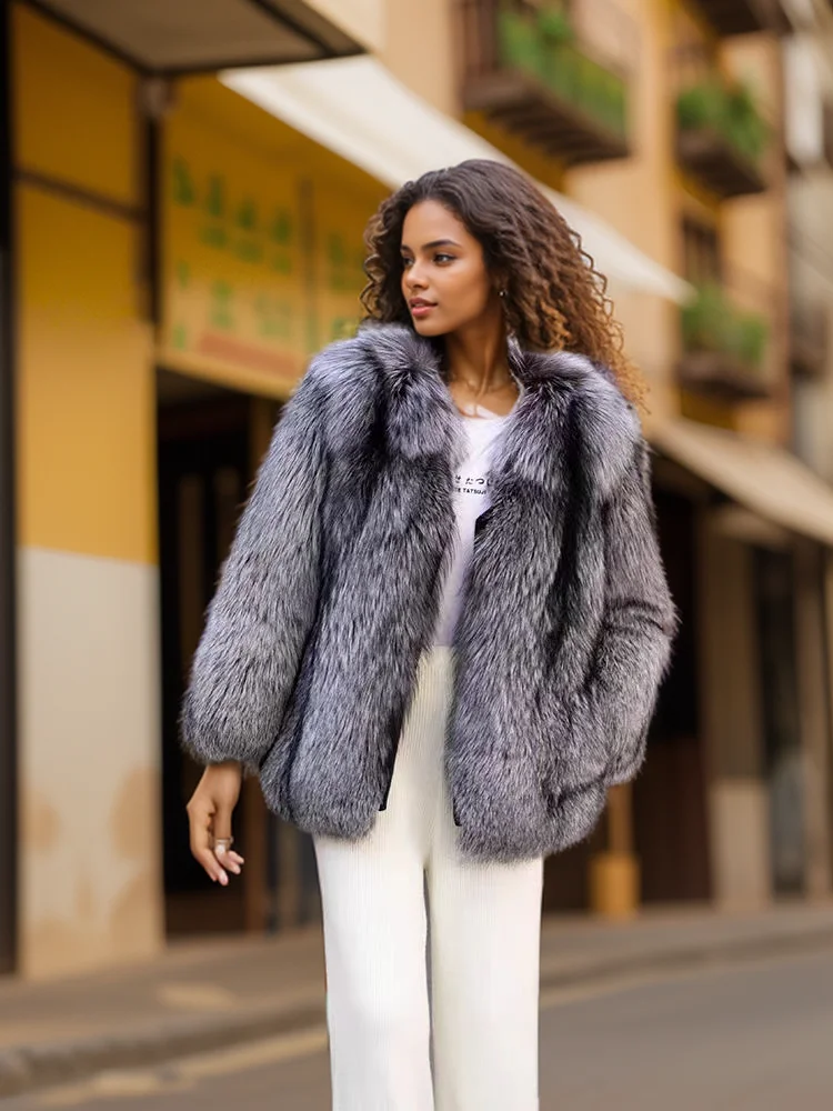 Popular winter fox king silver black fox whole leather fox fur coat real fur V-neck warm light luxury fur coat