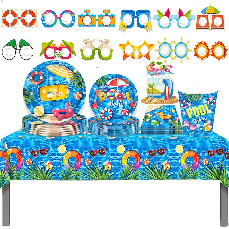 Happy Summer Schwimmbad Party Dekoration Tischdecke Pappbecher Teller Banner Strand Geburtstag Hawaiian Swim Event Partyzubehör