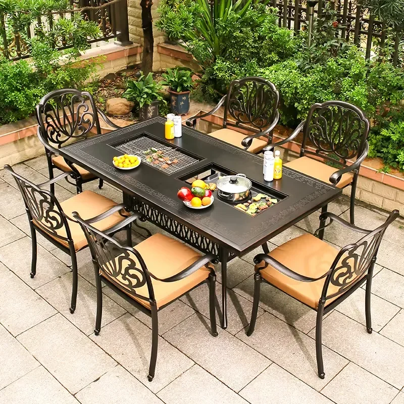 9 Piece Aluminum Casting Dining Table Set Electric BBQ Grill Household Garden Party Furniture Outdoor Barbecue Table And