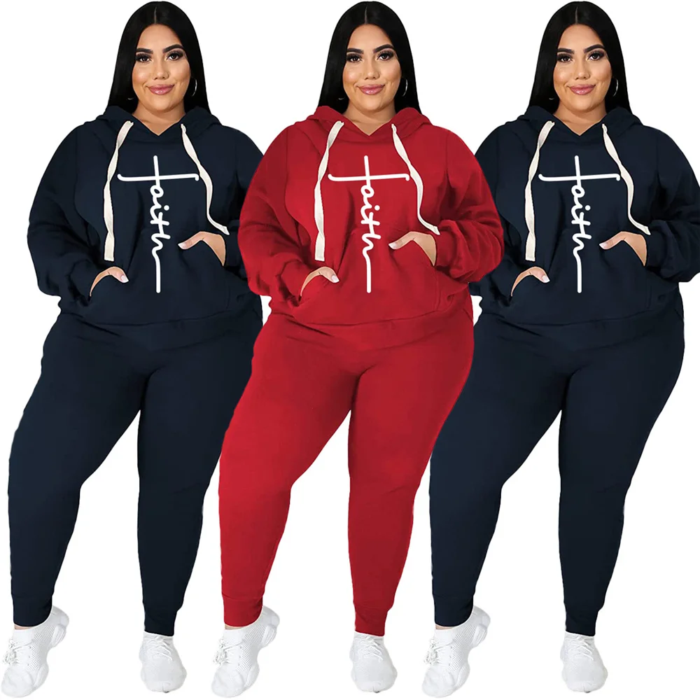 Conjuntos de treino na moda para mulheres, roupas da moda, moletom impresso com bolso, plus size, calças esportivas, ternos elásticas, atacado, 2 PCs