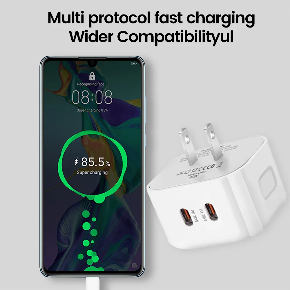 Elough 40W Double Type C Fast Charge Adapter USB C Super Charge US/UK/EU Mobile Phone Charger For Iphone Huawei Xiaomi Samsung - náhled 4