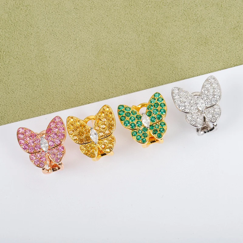 

2021 Hot Brand Pure 925 Sterling Silver Earrings Butterfly Full Diamond Luxury Colorful Wings White Gold 925 Hot Design Jewelry