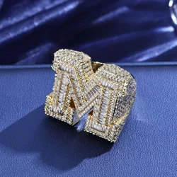 HHIOK Hip Hop Jewelry Luxury Iced Letter M Ring for Men and Women Full Pave Bling Brass Zircon Intital M Ring For Gift