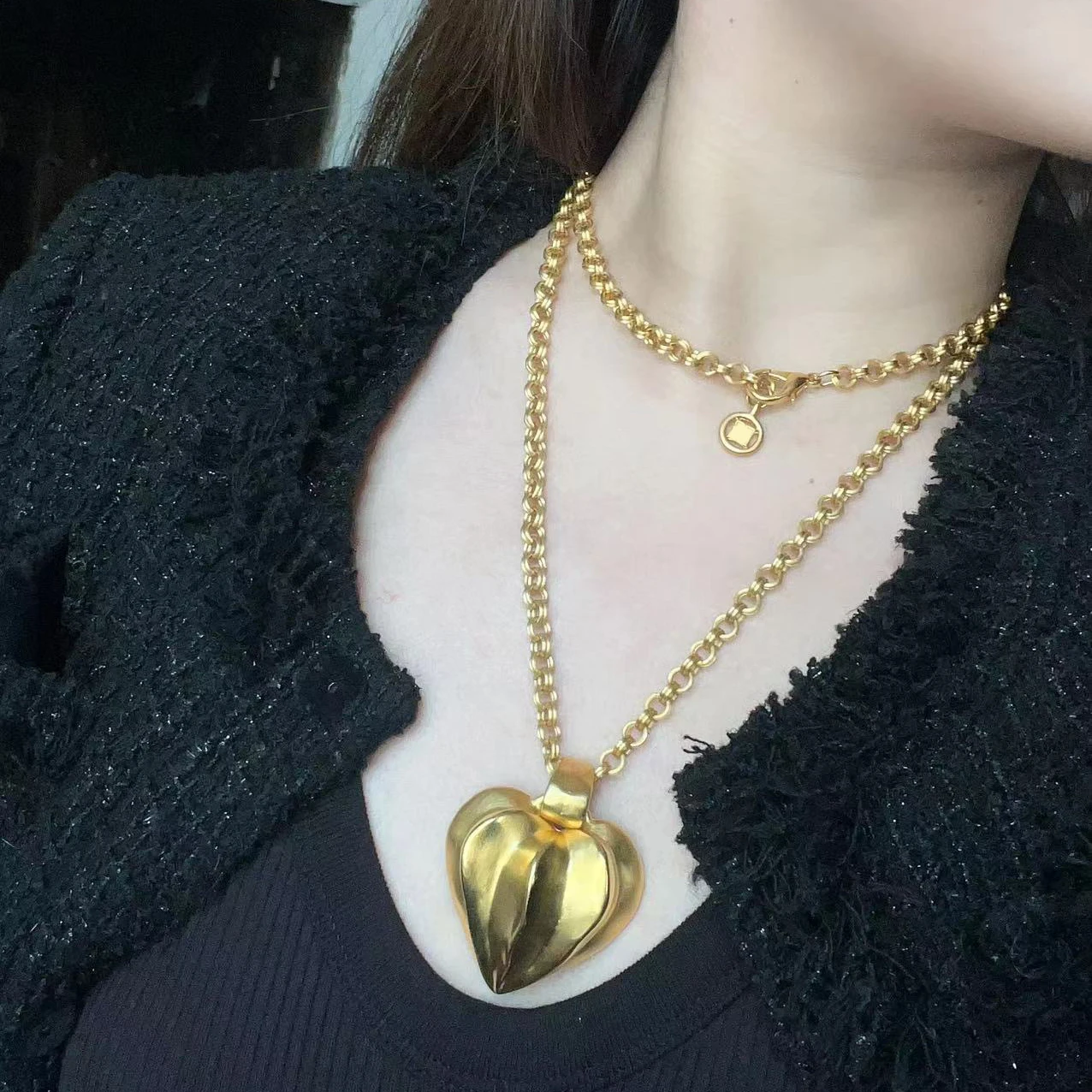 Vintage Designer Brand Brass Plated 24K Gold Large Heart Pendant Necklace Women Top Quality Luxury Jewelry Trend