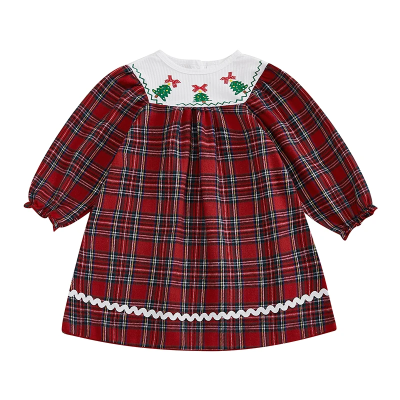 

Girls Autumn A-line Dress Long Sleeve Round Neck Christmas Tree Print Plaid Princess Dresses