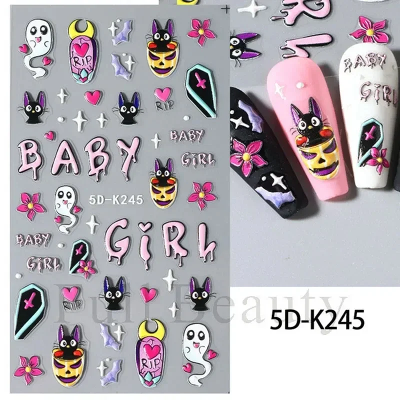 Adesivi per unghie Black Witch falce 5D in rilievo Halloween Skull Cross Bat Little Devil ail Sticker per donne e ragazze