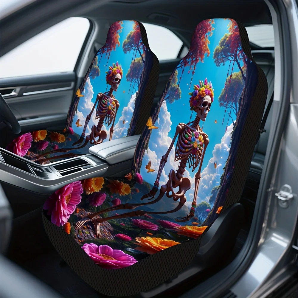 2pcs, Floral Skeleton Fantasy Design Car Seat Covers, Comfortable And Foldable, Universal Fit For Most Vehicles, Great For Styli