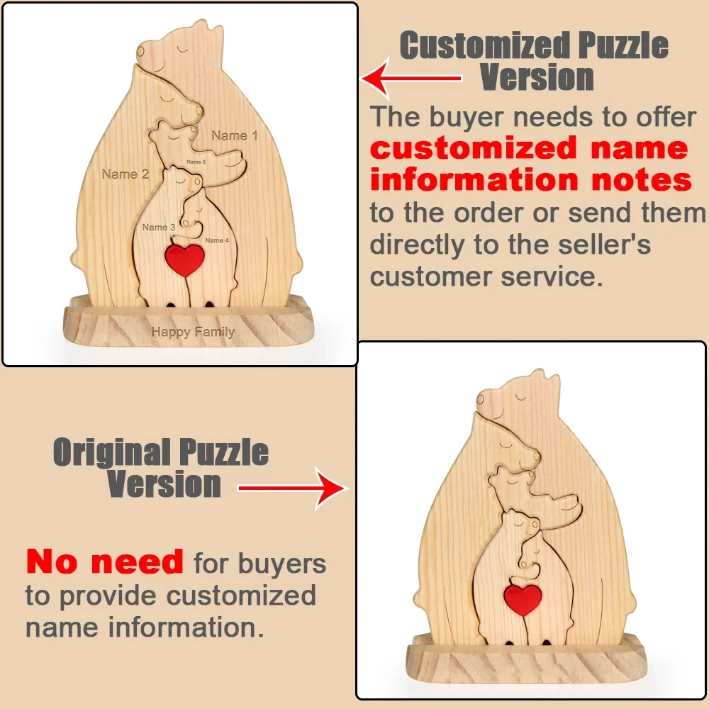 Free Engraving Custom Hugging Bear Family Wooden Puzzle Personalized Christmas Birthday Gift Family Name Sculpture 3-6 Names