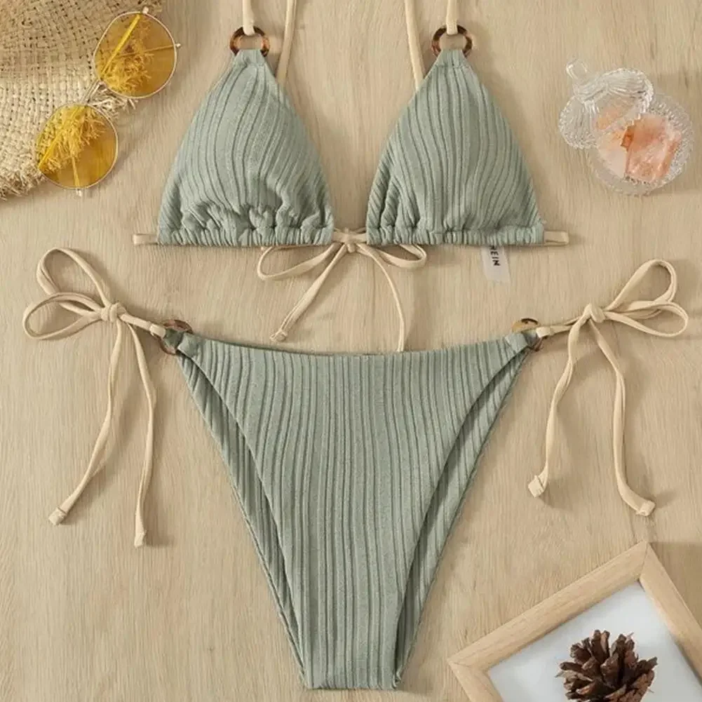 Padded Three-point Women Bikini Set Solid Color Spaghetti Strap Hoop Women Swimsuit Two-piece Swimwear Wireless Bathing Suit