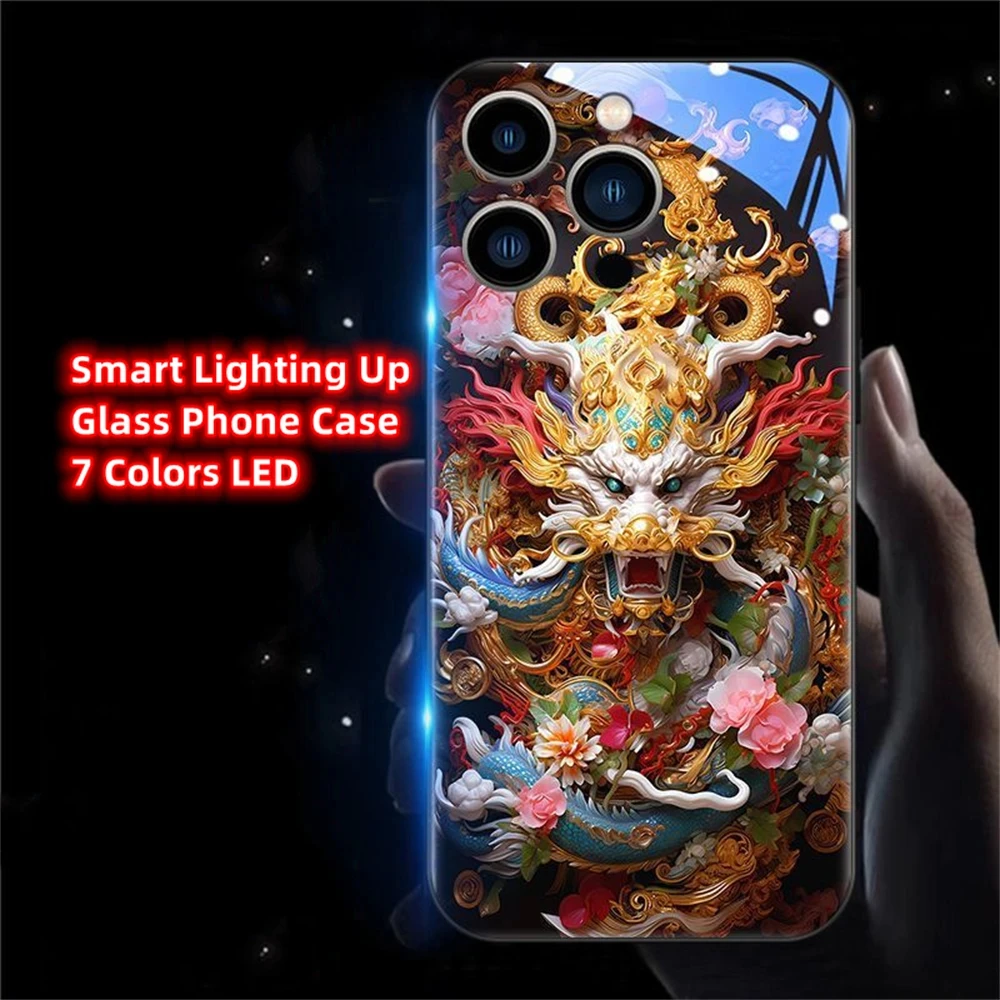 

Porcelain Colored Dragon LED Light Phone Case Glitter Shockproof Cover For iPhone 15 14 13 12 11 Pro Max XR XS Plus 7 8 SE2020