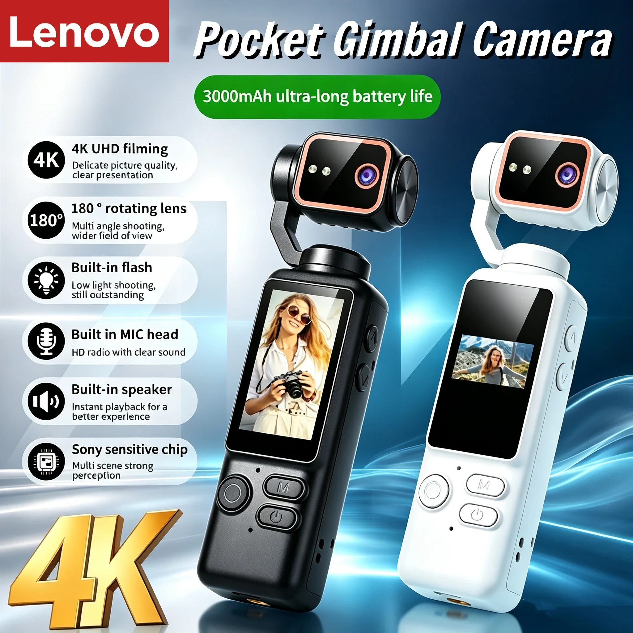 Lenovo Handheld 4K Pocket Vlog Gimbal Kamera 180 °   Drehbare Linse, 3000mAh Akku, eingebautes Blitzlicht, Mikrofon, Reise-Video-Vlog-Recorder