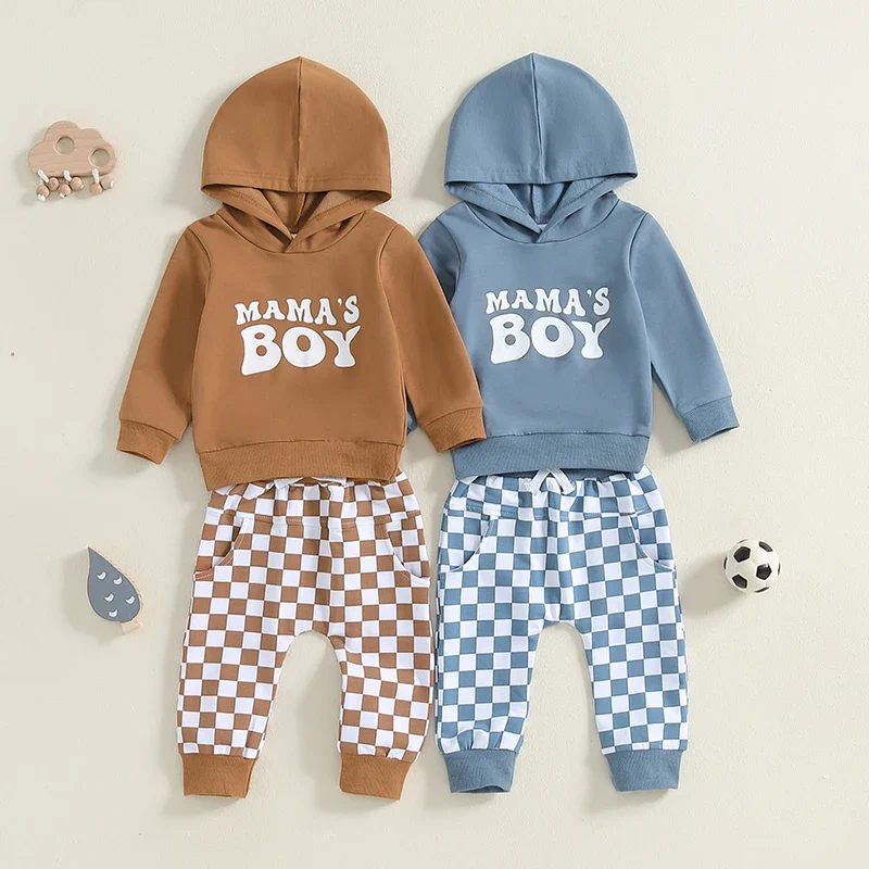 

Autumn Toddler Kids Baby Boys Clothing Sets Long Sleeve Letters Print Hoodied Tops with Plaid Sweatpants Casual Sport Outfits