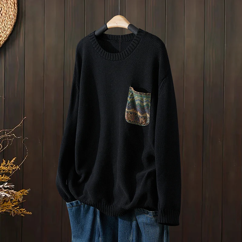 Maglione di cotone lavorato a maglia da donna Primavera Autunno Nuovo Sle Casual rotondo Ne Loose Fit Patch di grandi dimensioni ket Design floreale