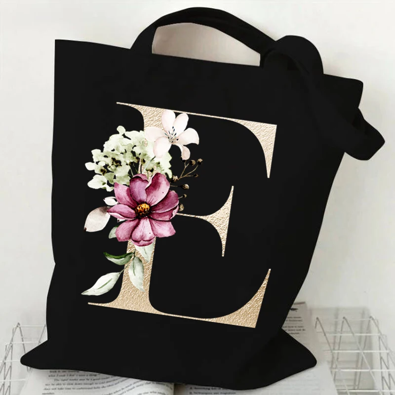 Flower English Alphabet Graphic Women Canvas Shopping Bags Gold Color Lettering A B C D Shoulder Bag Mobile Phone Travel Bags