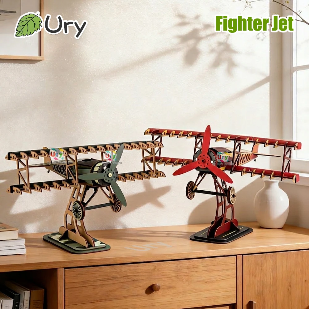 Ury 3D Wooden Puzzle Military Colorful Fokker Dr.I Triplane Fighter Jet Battle Plane with Display Rack Model DIY Decoration Gift