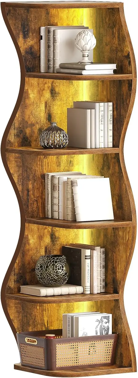 

Small Corner Shelf 6-Tier Corner Bookshelf with LED Light 59.3” Tall Standing Shelf Organizer Wooden Stylish Bookcase Storage