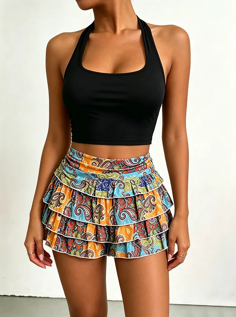 Women's Clothing Set - Solid Color Hanging Neck Backless Vest Top + Elastic Waist Geometric Printed Half Skirt Short Skirt Set