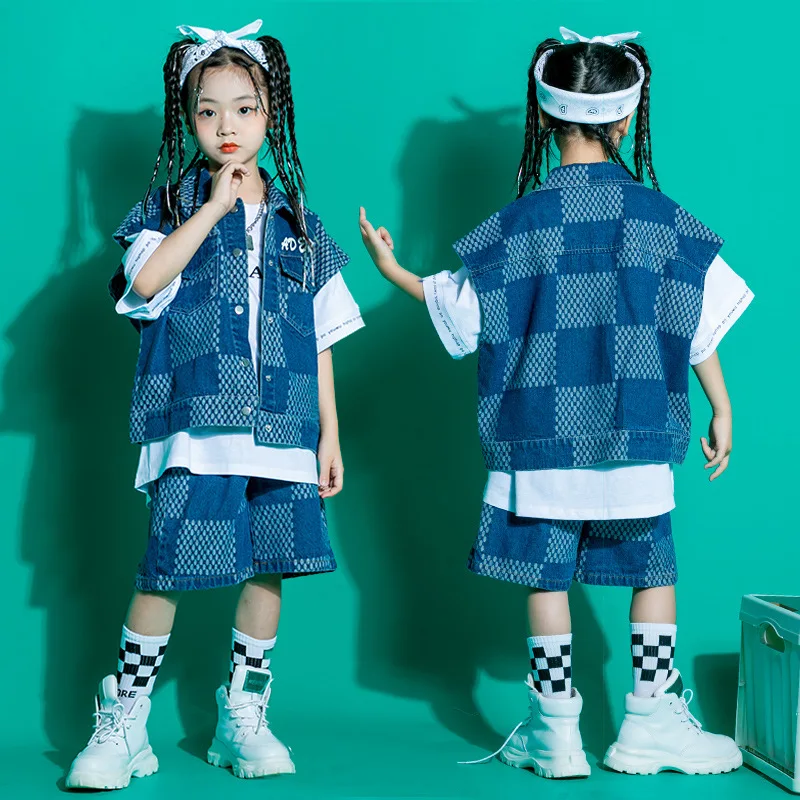 Junge Mädchen Jazz Dance Kostüme Schachbrett Denim Anzug Hip-Hop Street Dance Kleidung Ballsaal Tanzen Kleidung Bühne Outfits