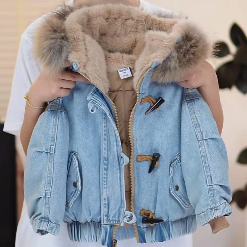 Kids Winter Thicken Denim Coat  2025 girl Warm Cotton Hooded  Jacket Fashion Casual Cotton-padded Parkas Cowboy-style denim jack