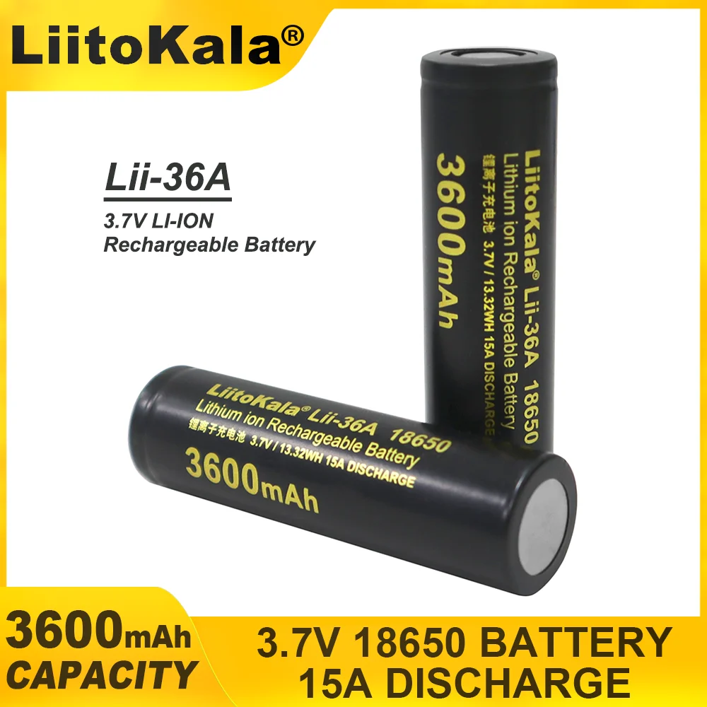 1-20pcs LiitoKala Lii-36A 18650 3600mAh 3.7V Li-Ion Rechargeable Battery 15A Lithium Battery High Drain For Flashinglight Vaping