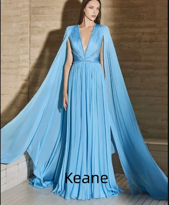 

Chiffon With Cloak Deep v Evening Dresses Sky Blue Custom Made Elegant Dress for Special Occasions Prom Gowns