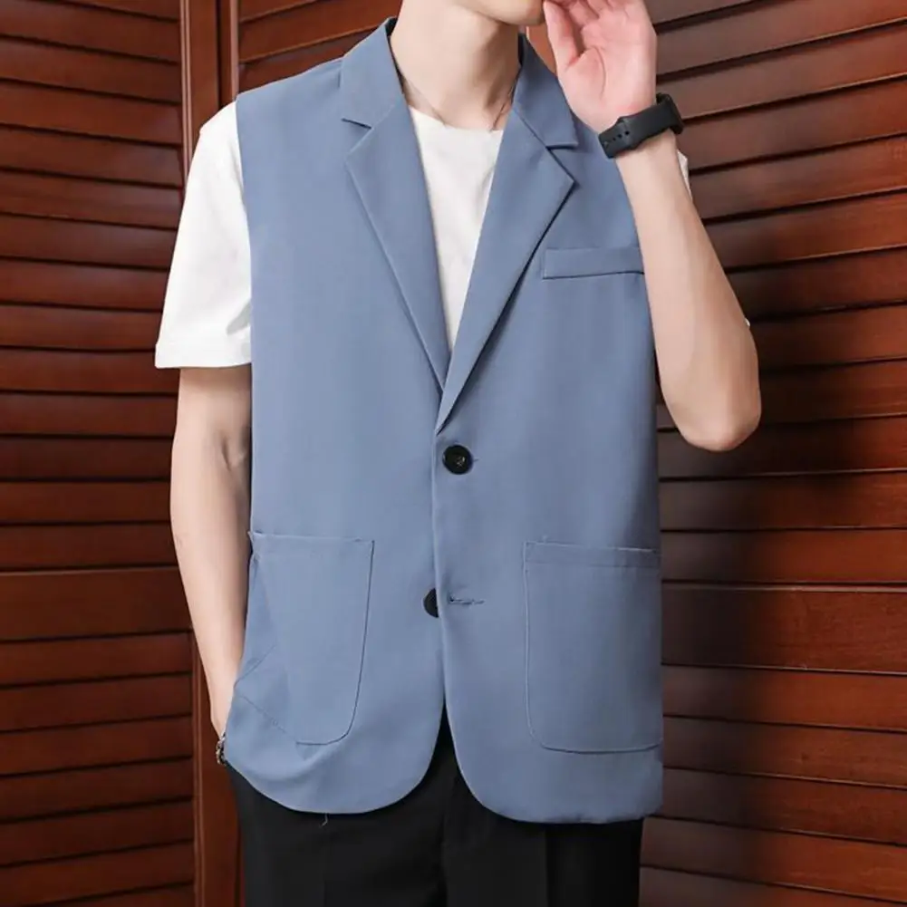 Men Loose Fit Suit Vest Elegant Men\'s Sleeveless Suit Vest with Lapel Collar Two-button Placket Side Pockets Business for Casual