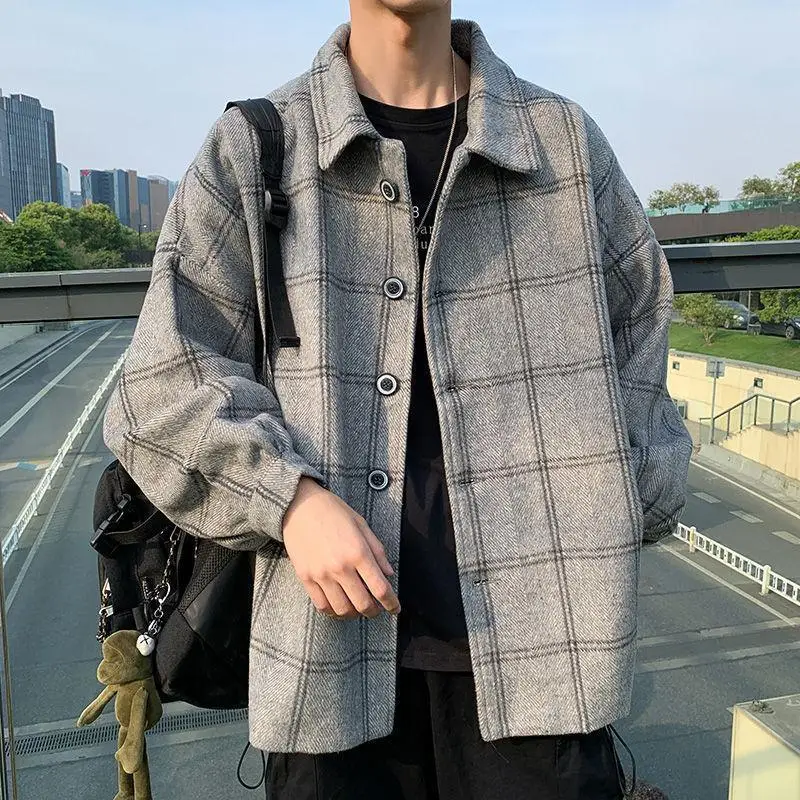 

Trendy Plaid Woolen Men's Jaet Loose Fit Retro Sle Spring Autumn New Arrival Hong Kong Sle Coat Long Length Thiened