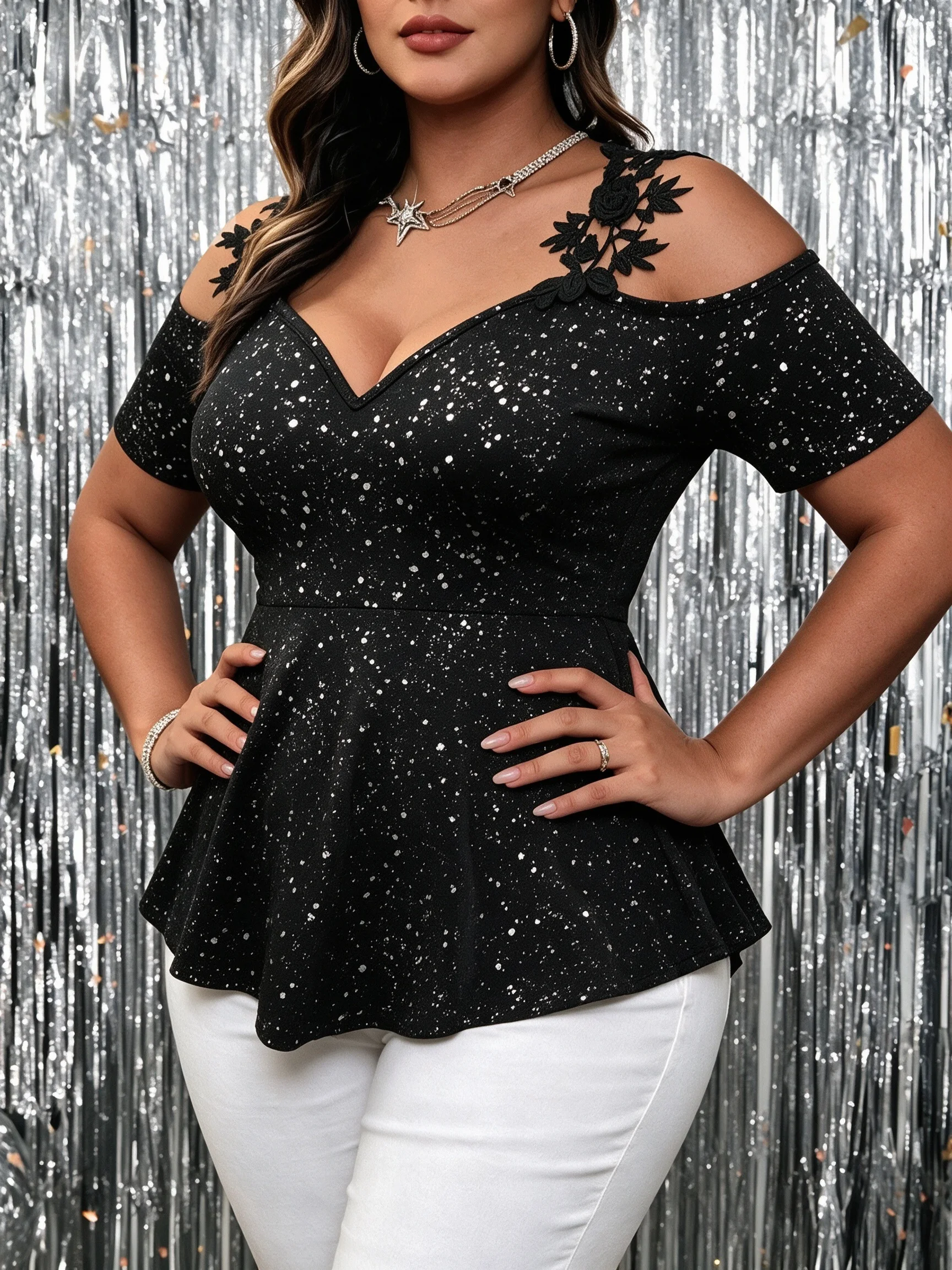 Übergrößen-Oberteile, schulterfreie Party-Bluse mit glitzernden Pailletten und Peplum, schwarze Spitze mit Blumenmuster, Damen-Nachtwäsche, Sommer 2026, 3XL 4XL 5XL – Detail 3
