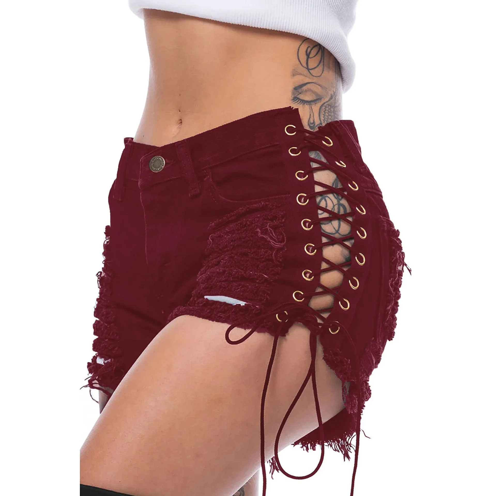 Spring and Summer New Street Trend Washed Ripped Stretch Denim Shorts, Women's Personality Side Corns Bandage Casual Short Jeans view 5