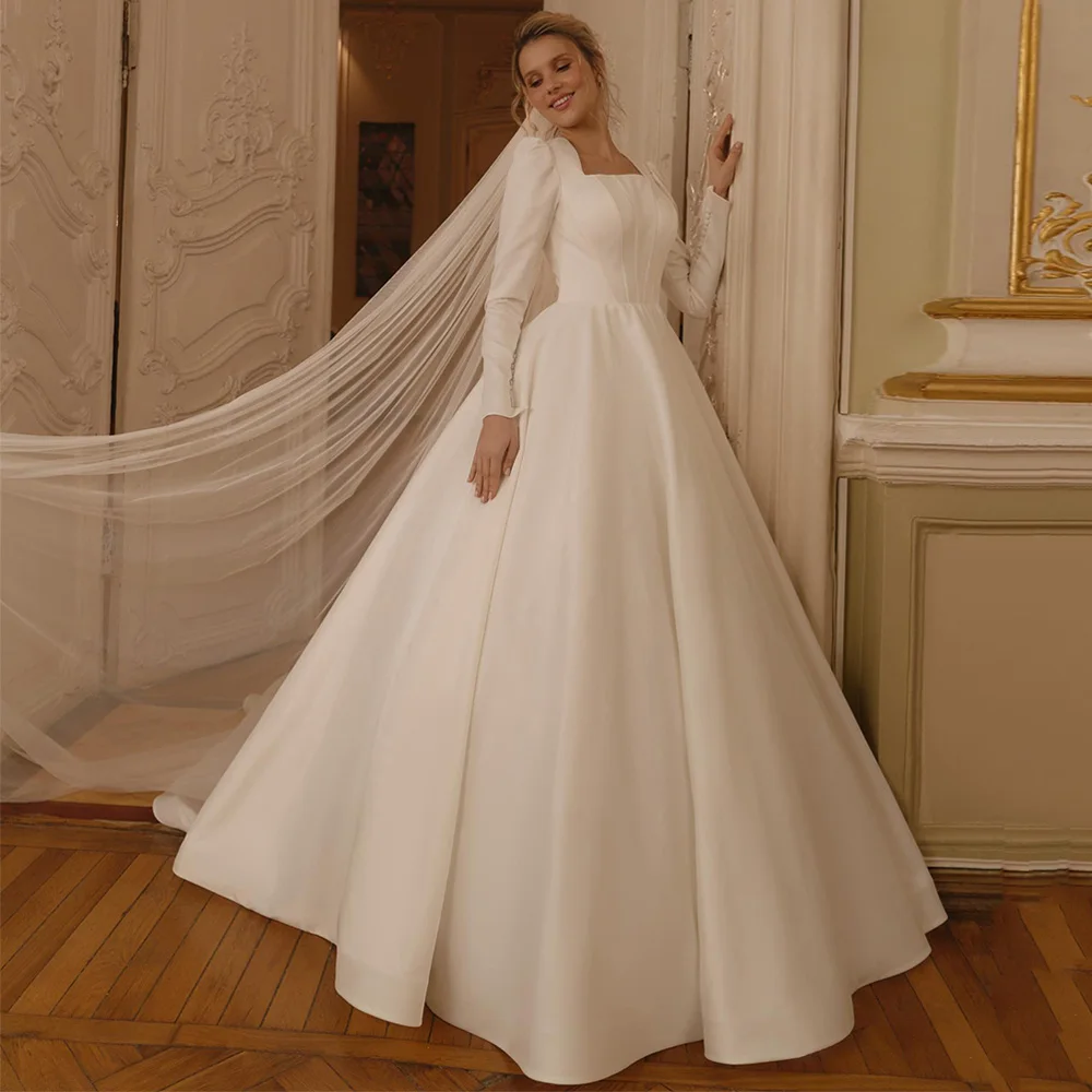 فستان الزفاف العربي مخصص ساحة الرقبة كامل الأكمام عودة زيبر أزرار ثوب الزفاف قطار الاجتياح ألف خط فساتين العروس #5