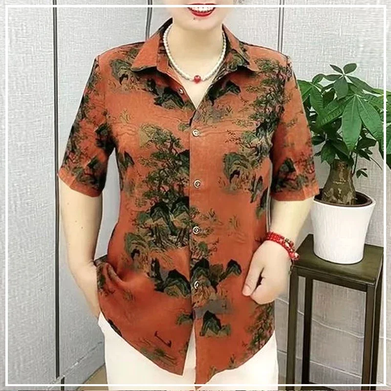 Camisa de manga corta para mujer, camisa informal holgada y versátil con estampado exquisito, cuello abatible, tendencia de arte Retro elegante, novedad de verano, L281