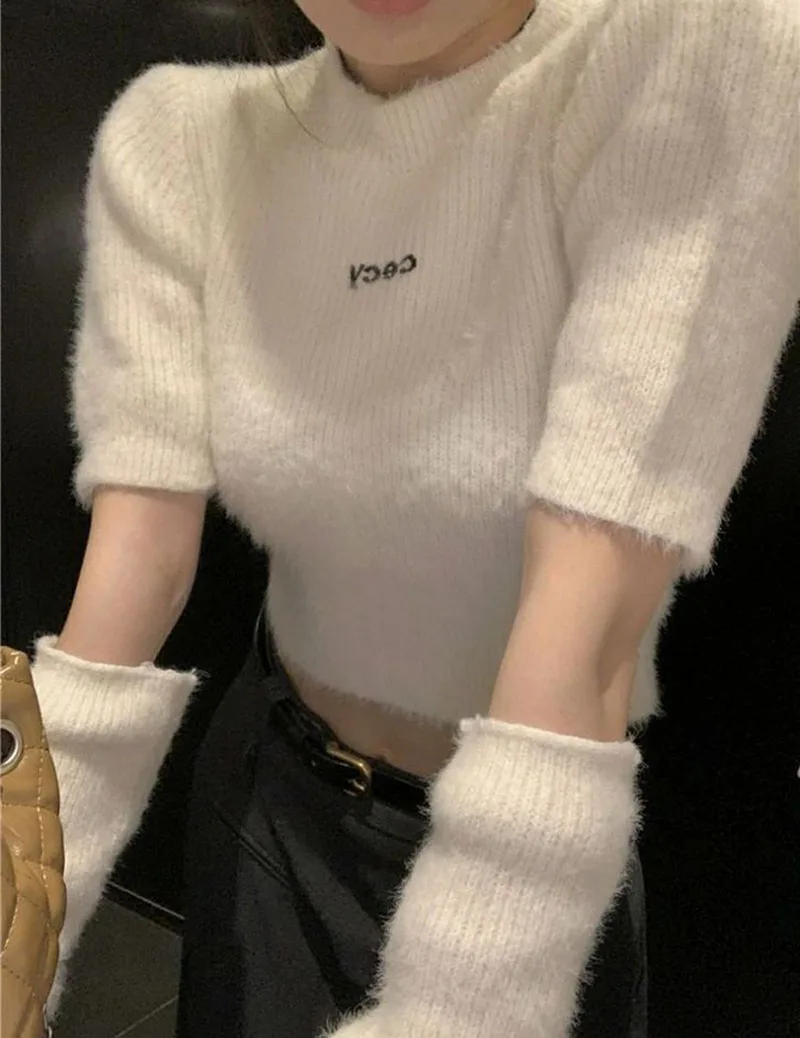 Spring Summer Cuff Knitwear Pullover Sweater Women Letter Embroidery Short Sweater Soft Beige Knit Jumper Female Sweater