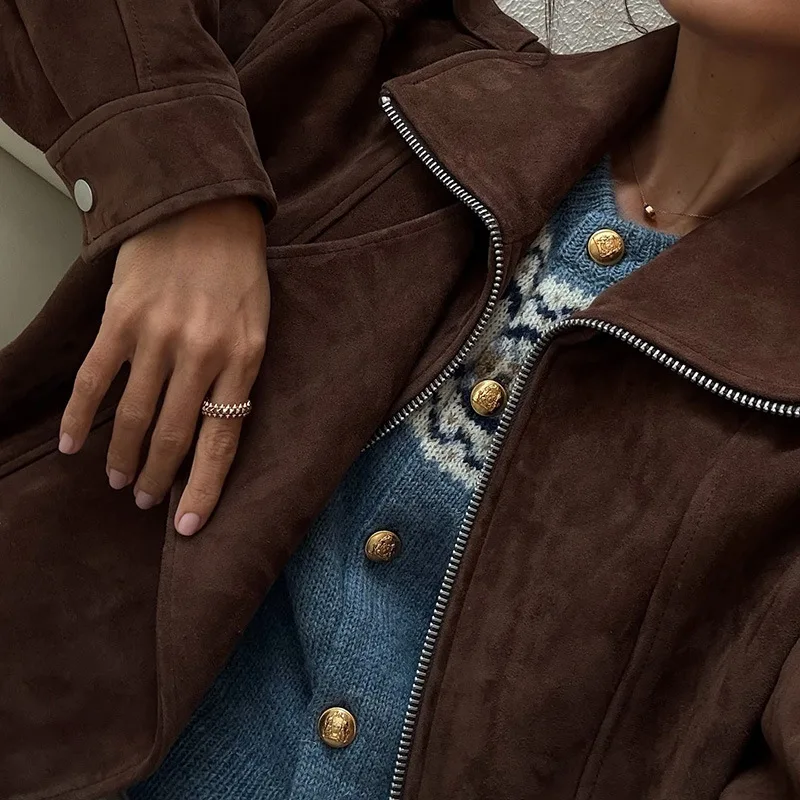 Vintage Brown Lapel Irregular Short Loose Jacket Autumn Winter Streetwear European American Women Outerwear Fashion Casual Tops