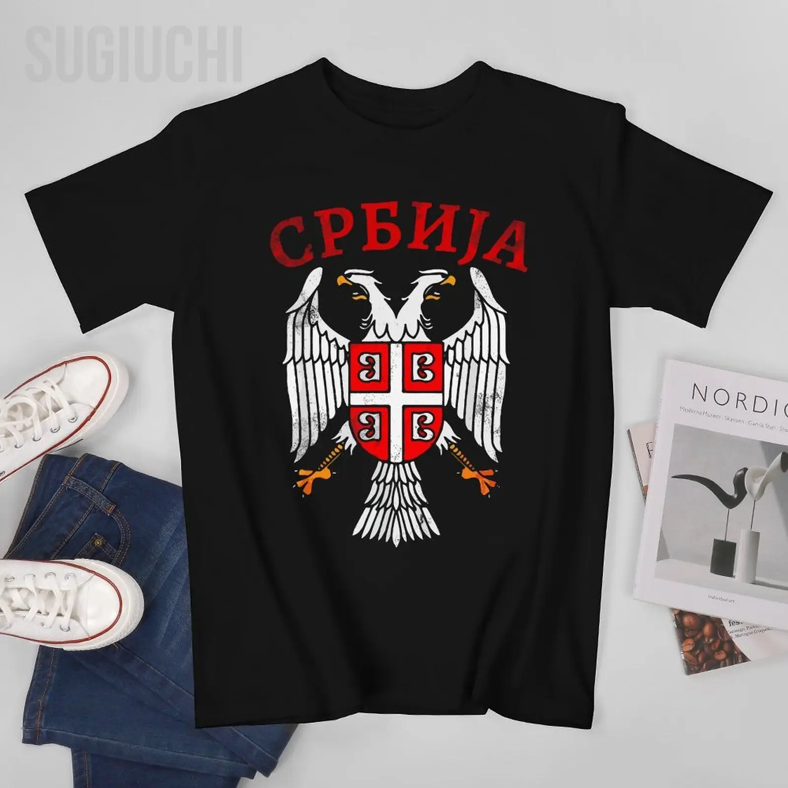 Camiseta cirílica con bandera de águila cruzada para hombre y mujer, camisa de manga corta con cuello redondo, 100% algodón, Unisex