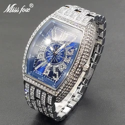 Luxury Design Blue Men Watch Hip Hop Fully Diamond Wristwatch For Man Classic Tonneau Dial Iced Out Bling Waterproof Watches New