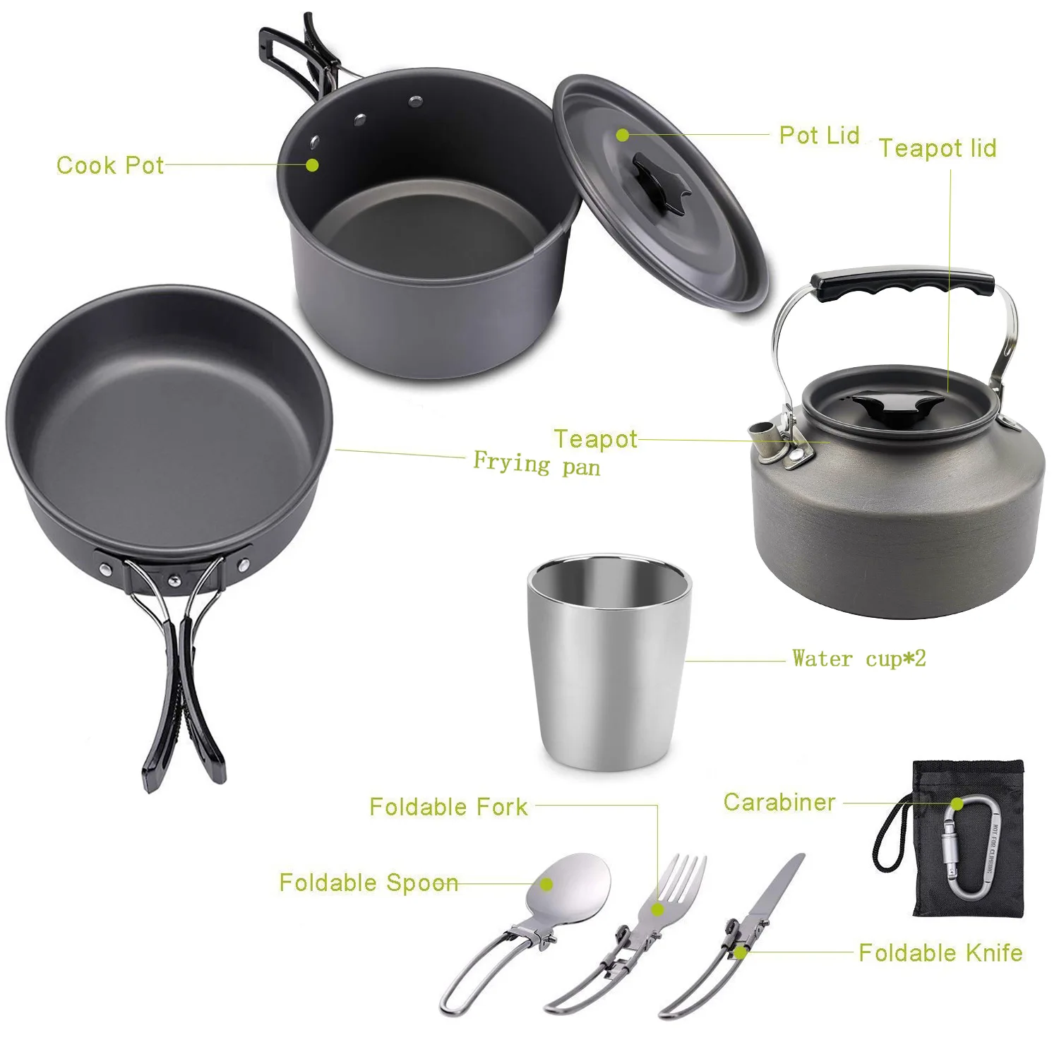 2-3 Person Outdoor Kettle Set Tableware Cup Combination, Portable Folding Alumina Cooking Utensils For Camping And Picnicking,