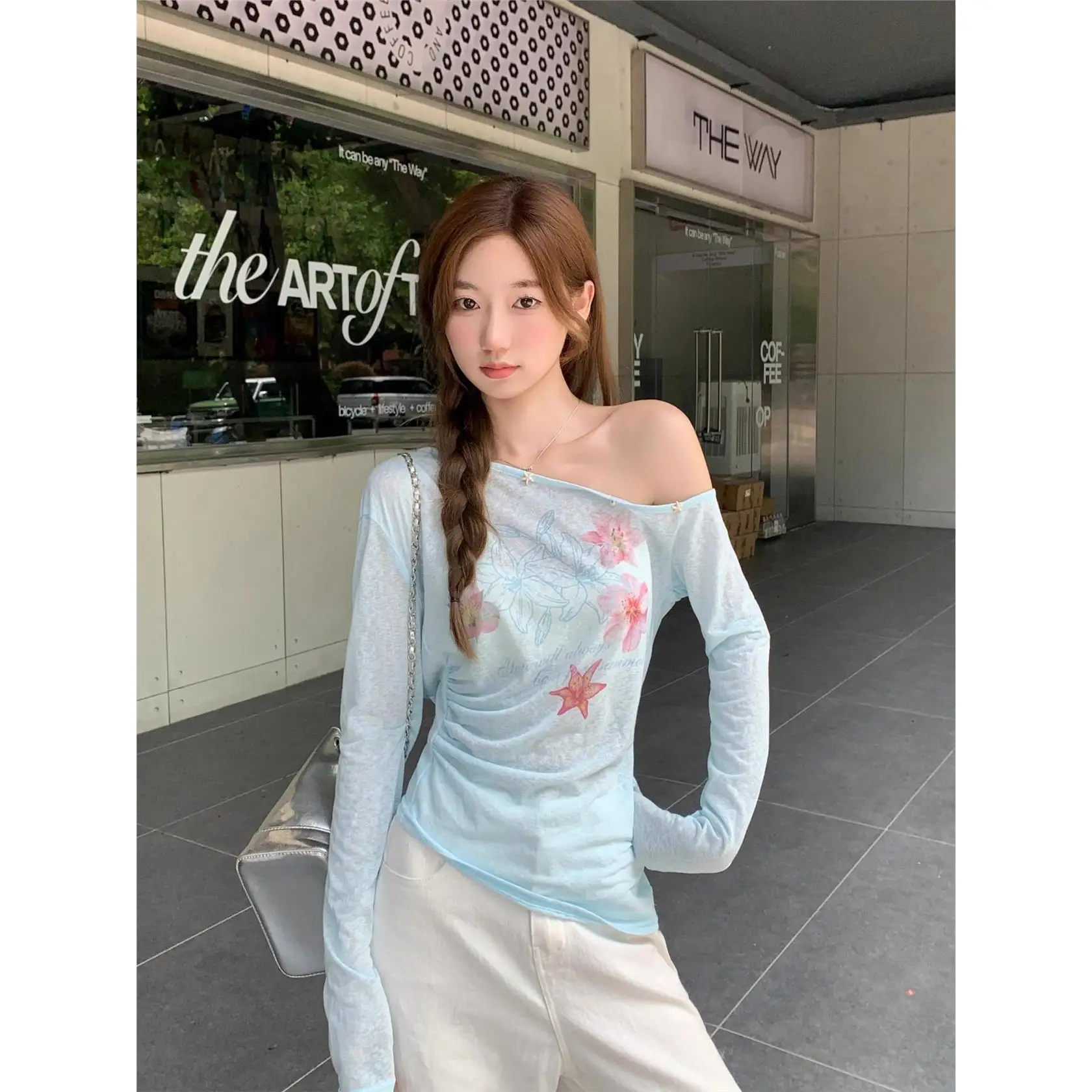 Sweet Print Asymmetrical Shoulder Long Sleeve T-Shirt Women's Skin-friendly Breathable Sun Protection Top Citywalk Polyester ...