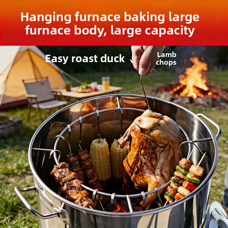 Stainless Steel Hanging Charcoal Grill, Indoor Smokeless Roasting Oven for Chicken, Outdoor Barrel Smoker for Bacon & BBQ