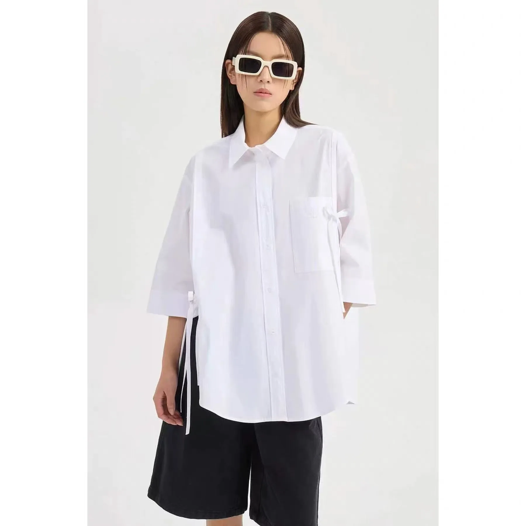 

Lemon Cheese LUC26 Spring Casual Turn-down Collar Belted Design Loose Versatile Seven-quarter Sleeve Shirt Women's Business C...