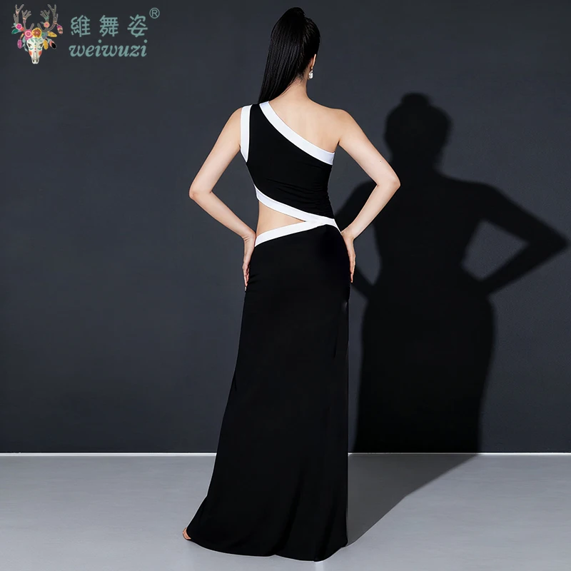 ベリーダンス練習衣装痩身斜め肩黒ドレスダンスフェスティバルドレスオリエンタルダンストレーニング衣装