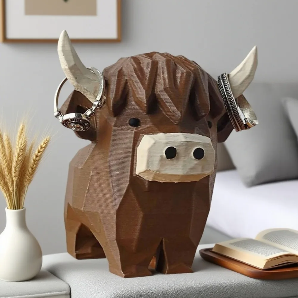 

Cute Highland Cow Ring Holder - Resin Figurine with Black & White Spotted Design, Perfect for Jewelry Display, Dresser Organizer