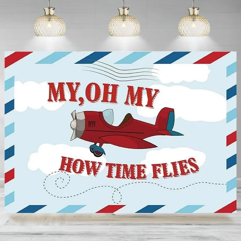 Birthday Backdrop Vintage Aircraft Banner Photographic Background Kids Cartoon Plane Model Time Flies Sky Cloudscape Banner