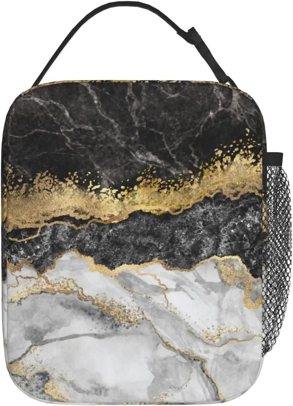 

Black Gray Gold Abstract Insulated Lunch Bag Portable Reusable Zipper Lunch Box For Men Women Work Picnic Travel Camping