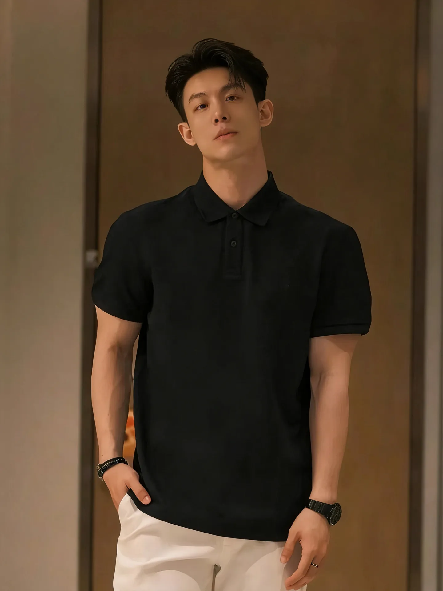 Black Short Sleeve  Shirt Men's Style Summer Cool Maturity Heavyweight Collar Correct Shoulder T-Shirt Breathable Casual ...