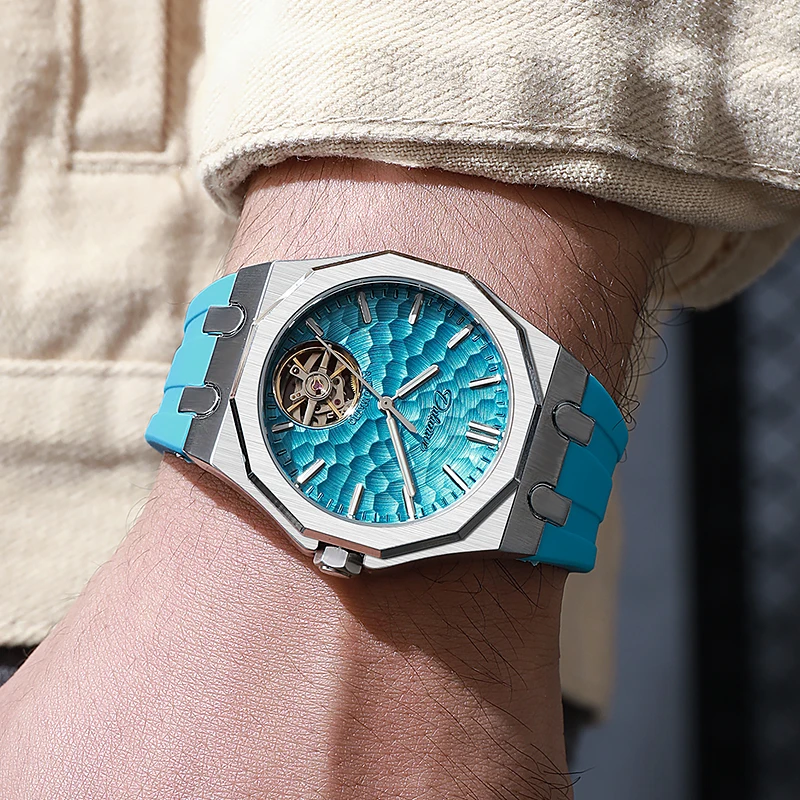 Dulunwe Top Luxury Brand Men Automatic Mechanical Watch Octagon Skeleton Hollow Dial Super Luminous Business Sport Male Watch