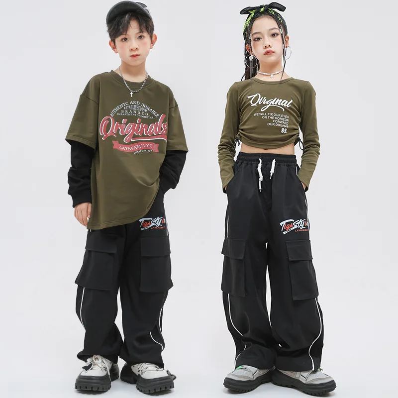 

Kid Hip Hop Clothing Army Green Sweatshirt Crop Top T Shirt Black Casual Cargo Pants for Girls Boys Jazz Dance Costumes Clothes