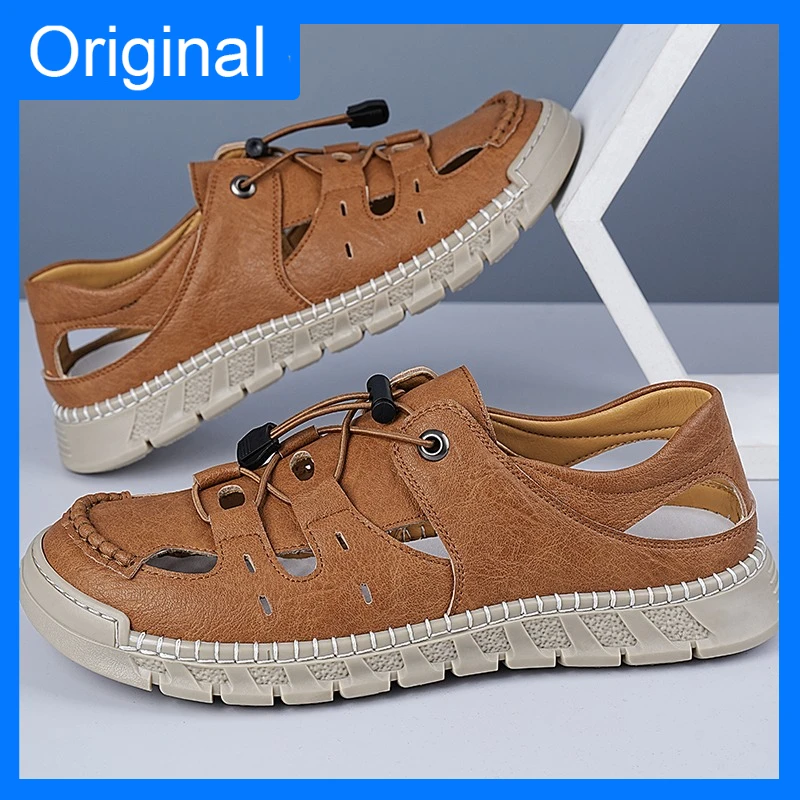 

Мужские сандалии New Baotou, дышащие кожаные удобные молодежные уличные прогулочные туфли ручной работы с прошитой подошвой, нескользящие, на мягкой подошве