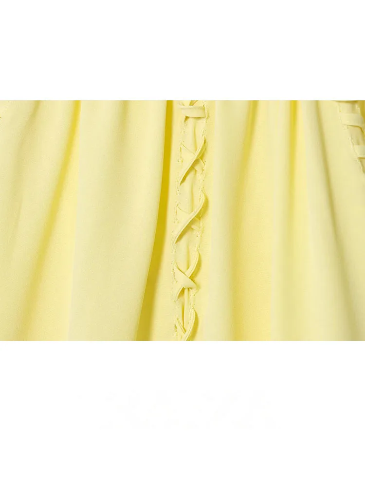 HH Women's Fashion Shirts Yellow O-Neck Lantern Long Sleeves Bow Lace-Up Decoration Female Autumn Casual Loose Blouses