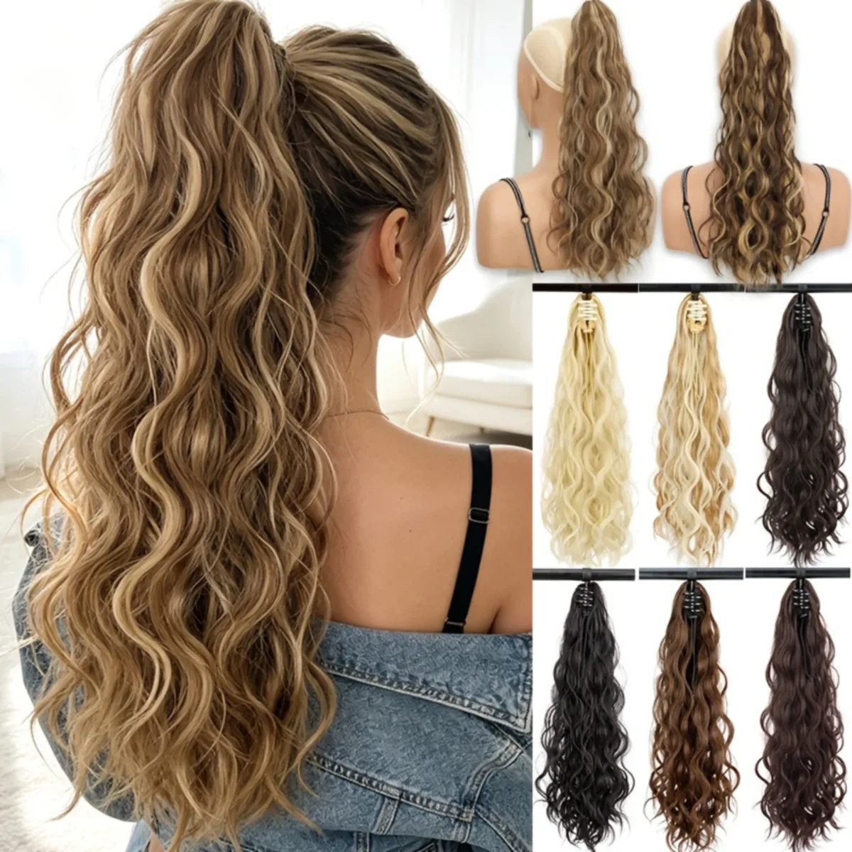 Long Wavy Ombre Claw Clip Ponytail Extensions Heat-Resistant Synthetic Hair, Thick. Ideal for Daily, Halloween & Christmas Party